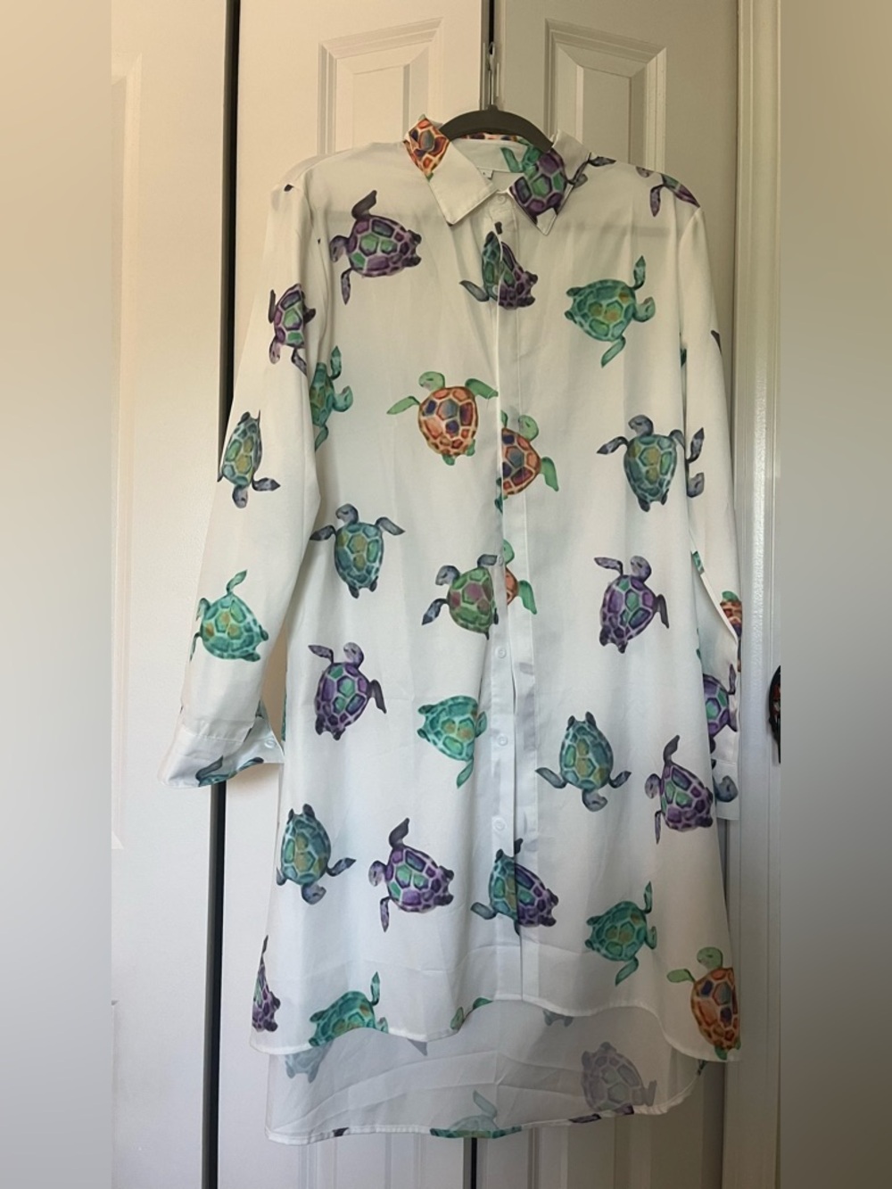 White Sheer Button-Up Tunic with Colorful Turtle Print
